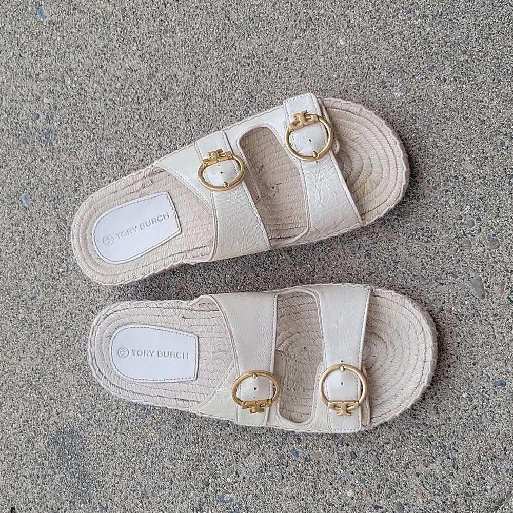 Tory Burch Cream Sandals with Gold Buckles
